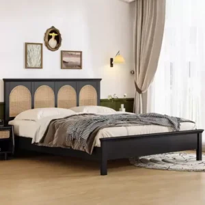 سرير نوم بطراز فرنسي من الخشب و الراتان الطبيعي - موديل 02