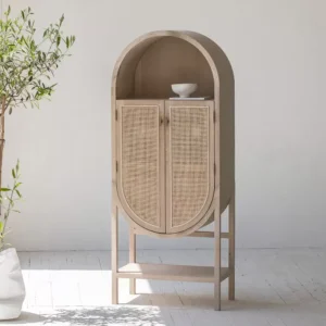 مكتبة كتب خشب أوك وراتان تصميم مقوس بوهيمي