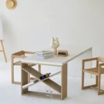 طاولة طعام خشب أوك سطح مظهر إسمنتي أبيض تخزين مدمج 200 سم