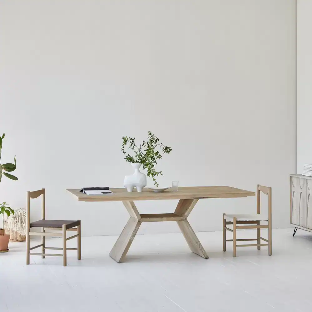 طاولة طعام ريفية خشب صنوبر قاعدة X مقاس 200 سم