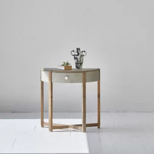 كونسول خشب نصف دائري صنوبر – مدخل ريفي بدرج تخزين (76 سم)