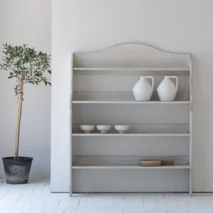 مكتبة خشب صنوبر ريفي – تصميم فرنسي أبيض معتق (150 سم)