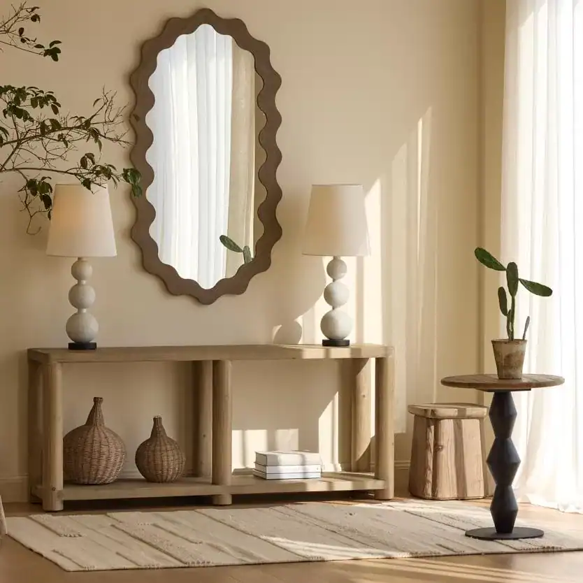 طاولة كونسول خشب صنوبر طبيعي بأرجل أسطوانية ورف سفلي