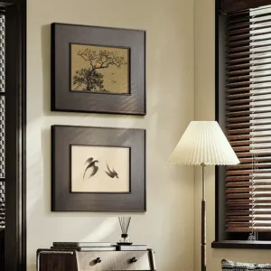 برواز لوحات فنية إطار خشب داكن بتصميم شرقي طيور ونباتات مقاس 45×35 سم ديكور جدران راقي