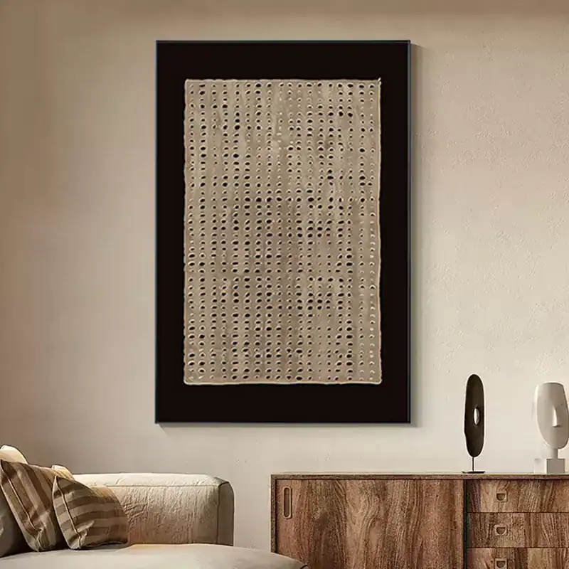 برواز جدران خشبي أسود عريض بتصميم تجريدي منقط وألوان ترابية مقاس 60×40 سم ديكور مودرن للممرات والصالات