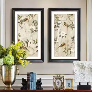 إطار حائط خشب كلاسيكي مفرد أسود وذهبي برسومات طيور وزهور مقاس 80×50 سم ديكور جدران راقي