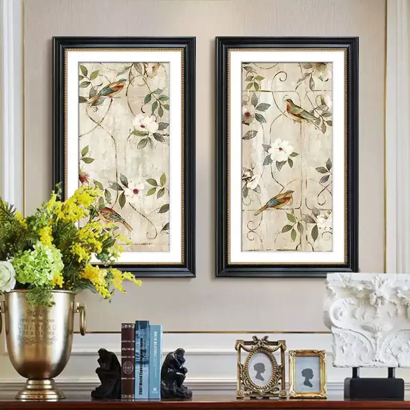 إطار حائط خشب كلاسيكي مفرد أسود وذهبي برسومات طيور وزهور مقاس 80×50 سم ديكور جدران راقي