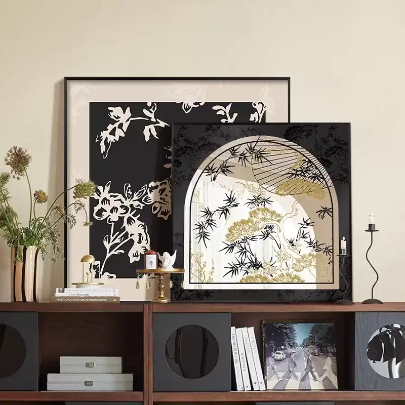 إطار حائط ديكور خشبي أسود بزخارف نباتية ذهبية وتصميم شرقي مقاس 50×50 سم للمجالس والصالات