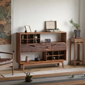 دولاب مدخل ريفي خشب طبيعي تصميم شبكي للقهوة والتحف