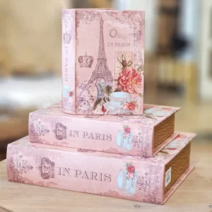 صندوق خشبي على شكل كتاب قديم مغلف بالجلد الوردي بتصميم باريس وبرج إيفل للديكور والتخزين السري