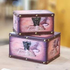 طقم صندوقين خشب مستطيل مغلف بالجلد بتصميم فيكتوري عتيق بنقش غزال لحفظ المجوهرات والأغراض الصغيرة