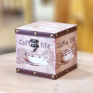 صندوق خشبي مربع مغلف بالجلد بتصميم Coffee Life فكتوري عتيق مع قفل معدني لحفظ المجوهرات