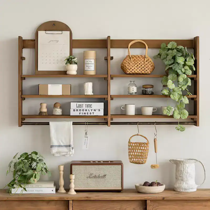 رف جداري خشبي للمطبخ والحمام مع عمود تعليق ورفوف متحركة