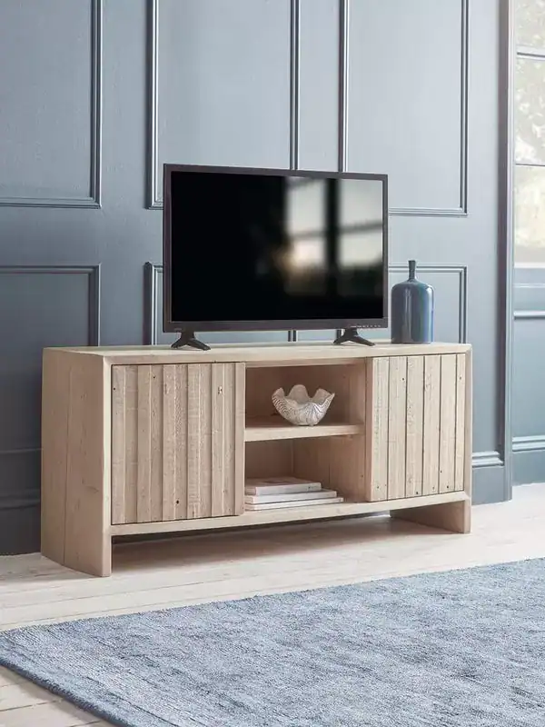 طاولة تلفزيون خشب صنوبر طبيعي ريفية بابين ورف 120 سم