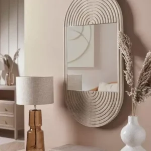 مرايا جدارية فخمة خشب محفور نصف بيضاوي رمادي