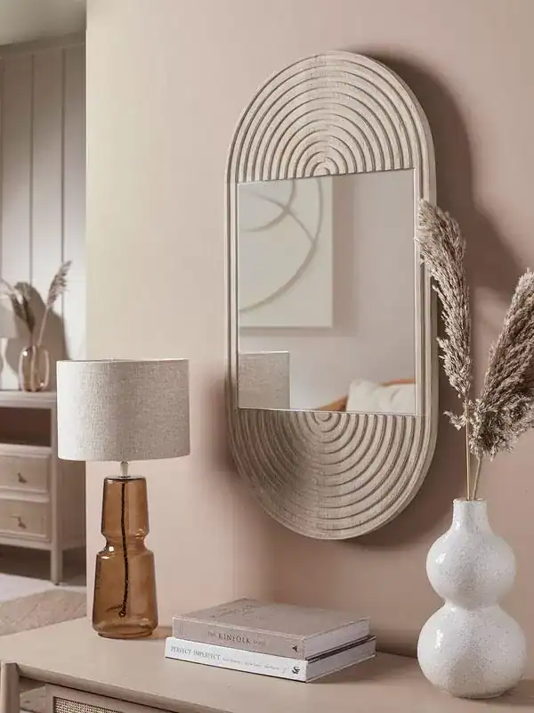 مرايا جدارية فخمة خشب محفور نصف بيضاوي رمادي