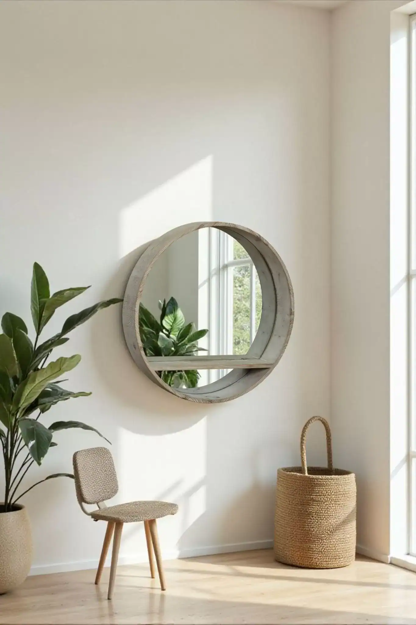 مرايا دائرية خشب طبيعي مع رف داخلي للحمام والمدخل