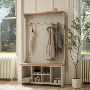 كرسي تخزين أحذية للمداخل بخانات مفتوحة ورف علوي مع علاقات ملابس مدمجة – تصميم عملي وأنيق