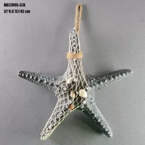 نجمة بحر ديكورية جدارية لون رمادي مع شبكة صيد وأصداف وحبل خيش للتعليق مقاس 37 سم
