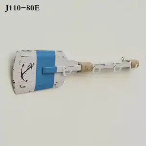 مجداف خشبي ديكوري جداري أبيض وأزرق مع خطافات تعليق ورسم مرساة بتصميم بحري ريفي