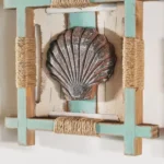 إطار خشبي ديكوري مربع مقاس 30×30 سم مع صدف بحري بارز وحبال خيش بتصميم ريفي فيروزي وأبيض