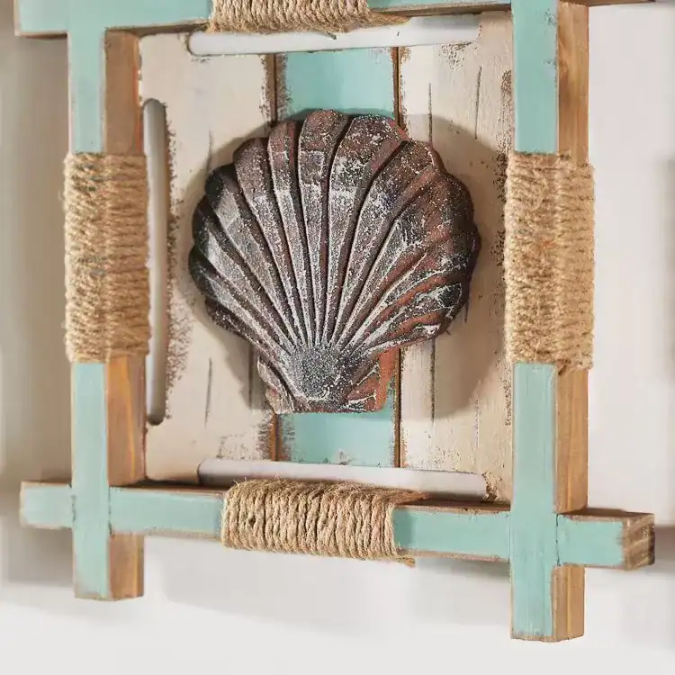 إطار خشبي ديكوري مربع مقاس 30×30 سم مع صدف بحري بارز وحبال خيش بتصميم ريفي فيروزي وأبيض