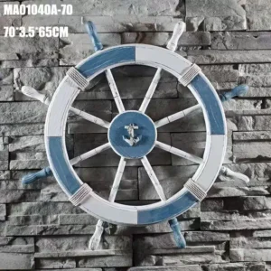 مقود سفينة خشبي ديكور مودرن أبيض وأزرق بقطر 70 سم مع مرساة وحبال لزينة الجدران