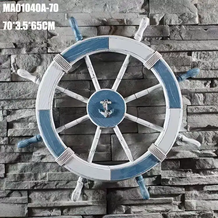 مقود سفينة خشبي ديكور مودرن أبيض وأزرق بقطر 70 سم مع مرساة وحبال لزينة الجدران