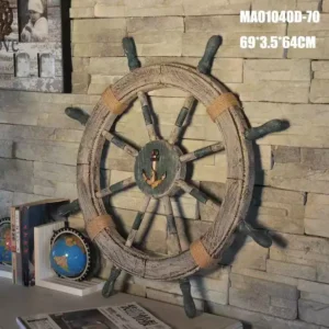 مقود سفينة خشبي ديكور جداري قطر 70 سم مع مرساة وحبال تصميم بحري عتيق