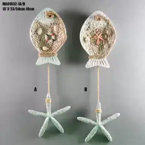 تعليقة جدارية سمكة ممتلئة بالأصداف الطبيعية مع نجمة بحر متدلية بحبل خيش ديكور بحري