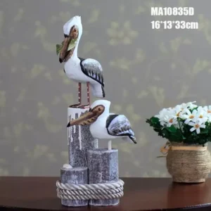 منحوتة خشبية عائلية بحرية - طائر مع صغيره وسمكة