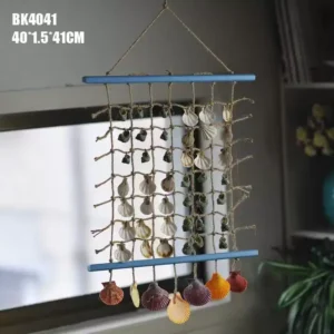 تعليقة جدارية شبكة صيد ديكورية مزينة بأصداف بحرية طبيعية وإطار خشبي أزرق