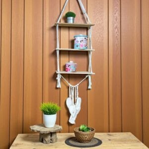 رف جداري خشب ومكرمية 3 أرفف للنباتات والديكور