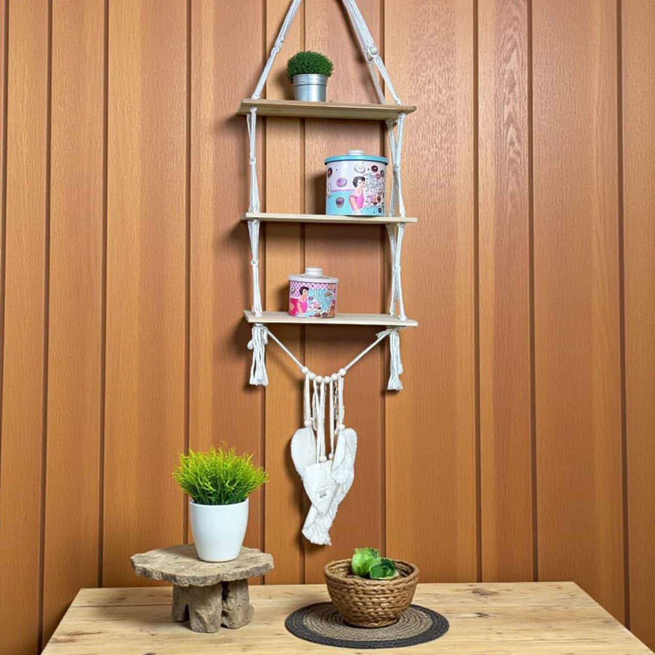 رف جداري خشب ومكرمية 3 أرفف للنباتات والديكور