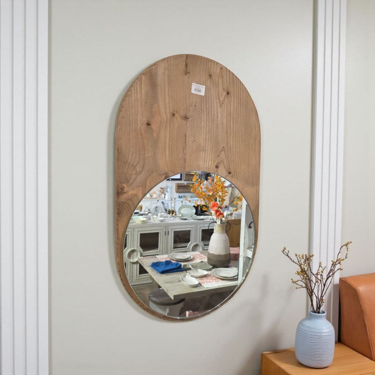 مرايا جدارية خشب طبيعي بيضاوية للمداخل