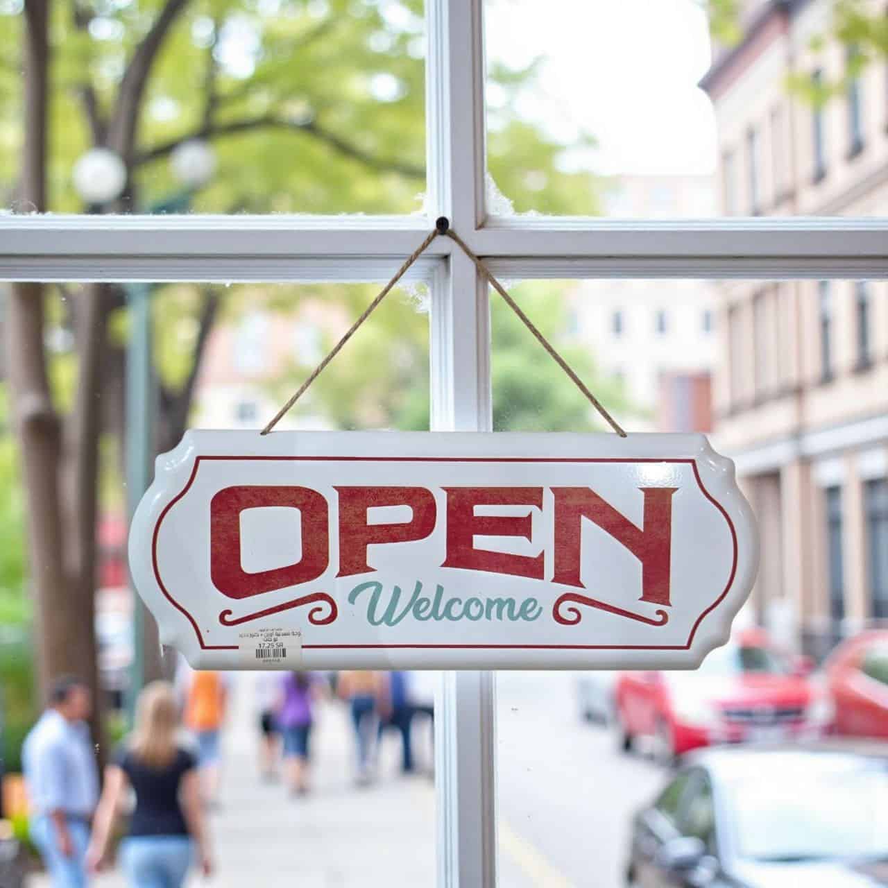 لوحة تعليق معدنية للمتاجر والمداخل عبارة OPEN Welcome تصميم فينتج