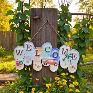 لوحة ترحيبية معدنية شكل شبشب صيفي ورسومات شاطئ للمداخل والحدائق