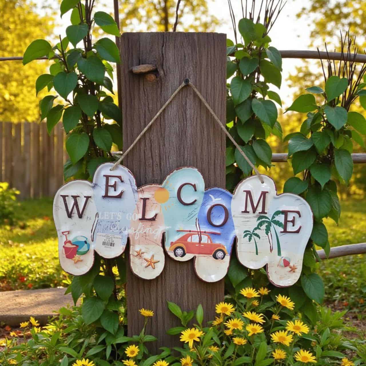 لوحة ترحيبية معدنية شكل شبشب صيفي ورسومات شاطئ للمداخل والحدائق