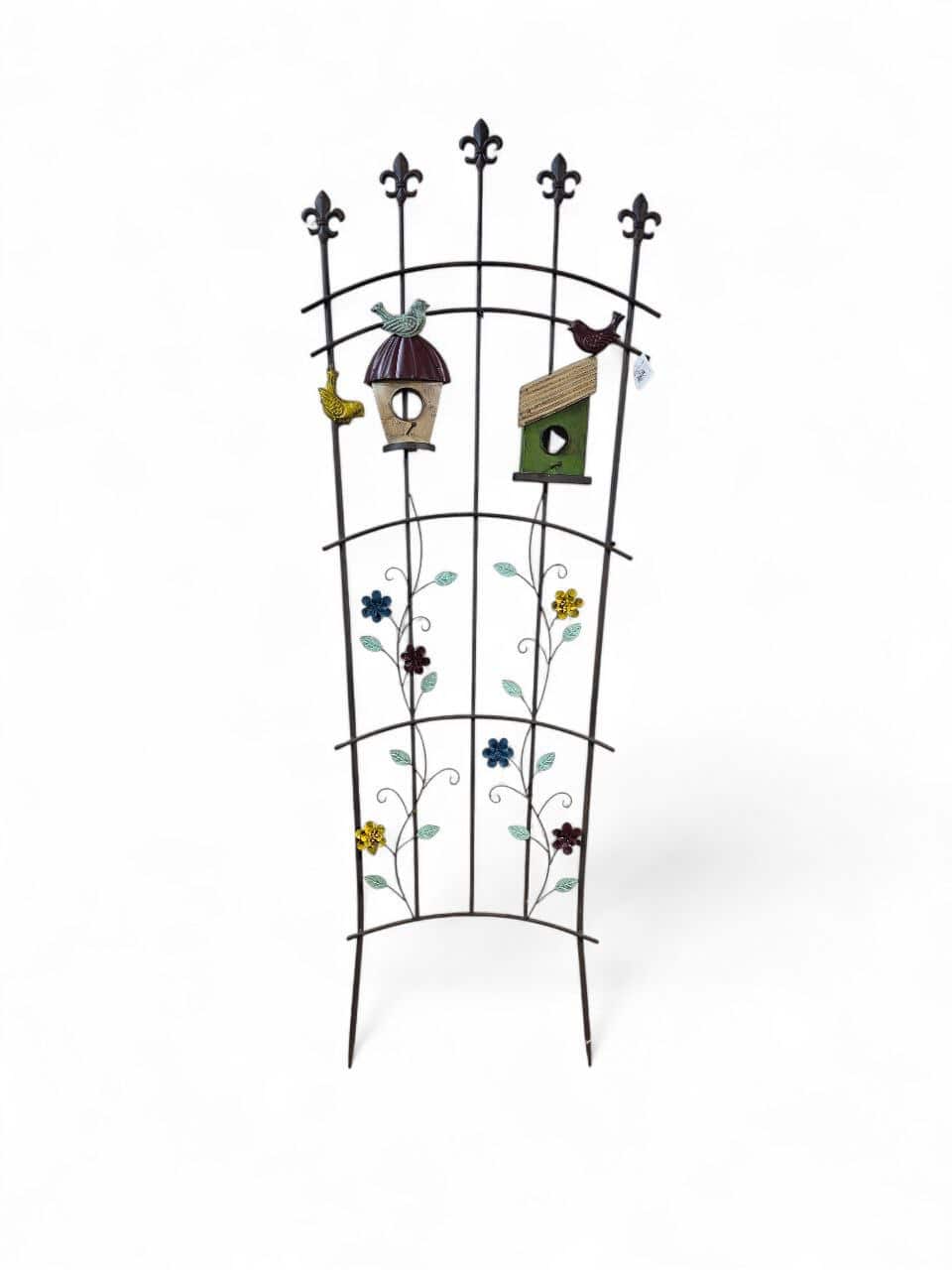 سياج حديد مشغول للحديقة بتصميم بيوت عصافير ملونة وزهور معدنية زخرفية