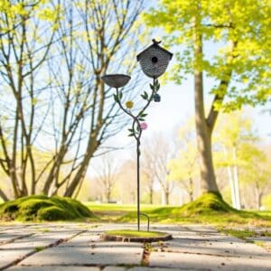 غرسة حديد بعامود مع عش عصافير ووعاء حبوب أو ماء للحديقة – تصميم زخرفي أنيق