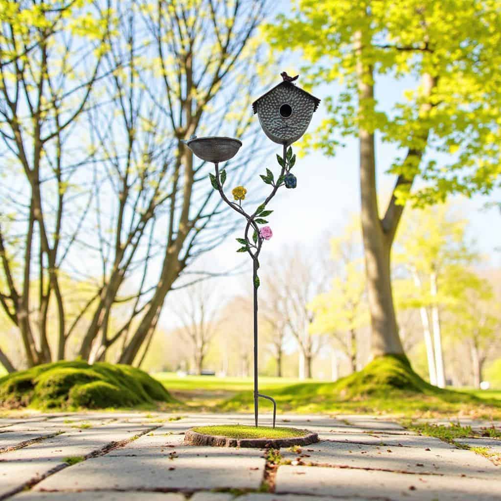 غرسة حديد للحديقة بتصميم عش عصافير ووعاء تغذية وزهور ملونة