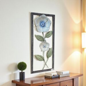 لوحة جدارية معدنية حديد مشغول تصميم وردة زرقاء داخل إطار خشبي أسود