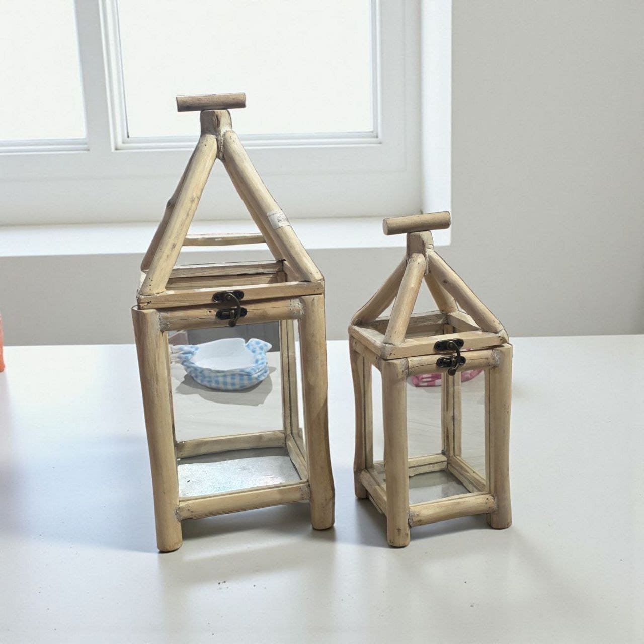 طقم فوانيس خشب طبيعي اغصان شجر مع زجاج للمداخل والحدائق