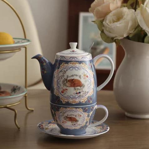 طقم شاي لندن بوتري لشخصين لون ازرق نيلي وتصميم ثعلب نائم