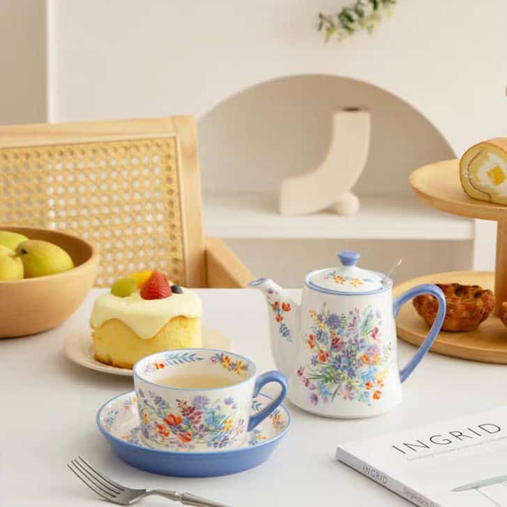 طقم شاي لندن بوتري لشخصين رسم زهور برية ملونة وصحن ازرق