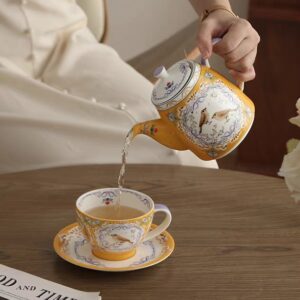 طقم شاي لندن بوتري لشخصين لون اصفر خردلي وتصميم عصافير كلاسيكي
