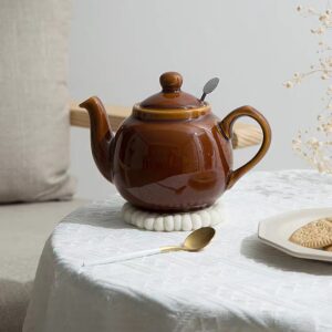 ابريق شاي مفرد ماركة London Pottery لون بني كراميل عنبري مع صحن بسكويت