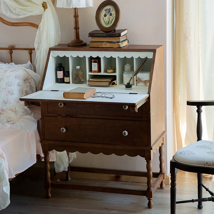 مكتب سكرتارية خشب طبيعي فنتج مع سطح كتابة قابل للطي وادراج تخزين