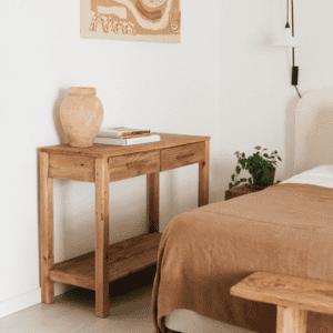 طاولة كونسول خشب صنوبر طبيعي مع درجين ورف سفلي تصميم ريفي مودرن