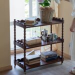 عربة تقديم ترولي خشب طبيعي ريفي 3 ادوار مع عجلات للضيافة والكتب